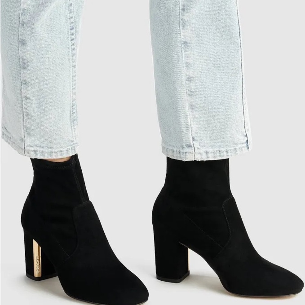 Elegant Coach Margot Suede Bootie Goldtone Logo 3" Block Heel